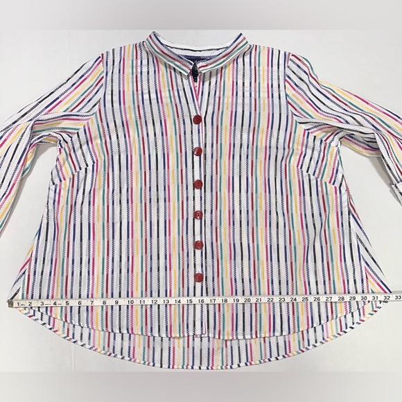 Ali Miles 1X Cotton Textured Rainbow Stripes Button Down Tunic Roll Tab Sleeve - Picture 12 of 15
